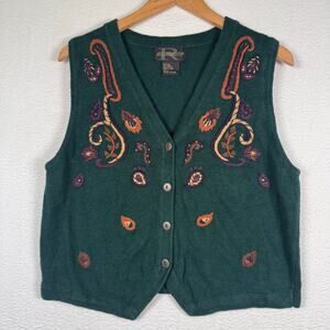 VTG 90s Requirements Embroidered Appliqué Button Up Sweater Vest Paisley Size L